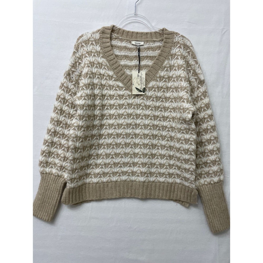 New Kensie V-Neck Sweater Large Tan White Striped Textured Knit Pullover Preppy